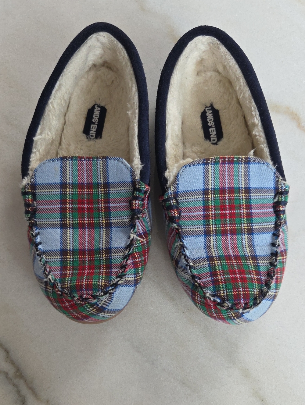 Lands' End Blue Plaid Sherpa-Lined Moccasin Slippers Size 2